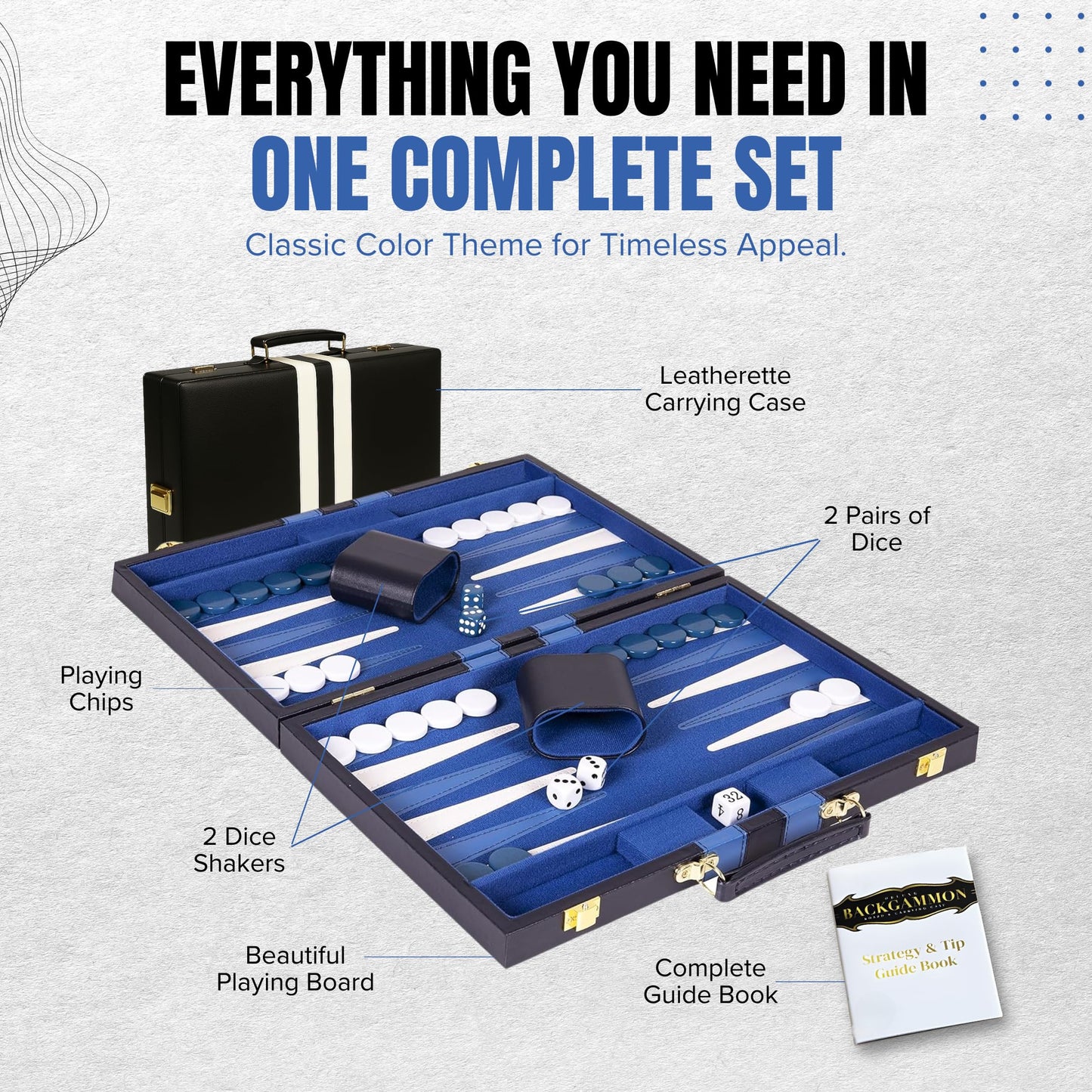 Premium Backgammon 18 Inches Large Blue - Backgammon Sets for Adults and Kids - Leatherette Back Gammon Board Game Set - Travel Backgammon Set Board Encased with Accessories