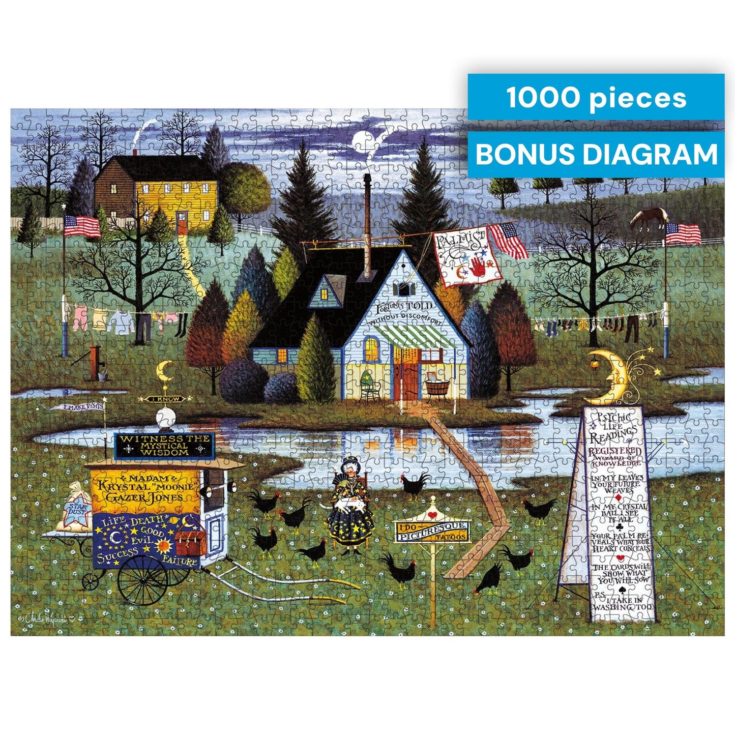 Buffalo Games Charles Wysocki - Know It All - 1000 Piece Jigsaw Puzzle - 26.75 x 19.75 in, Poster Included - 1000 Piece Puzzle for Adults - Folk Art Village Scene - Recycled Board