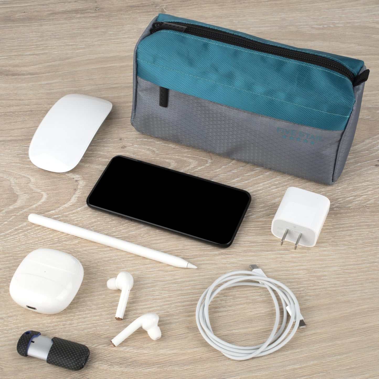 Five Star Pencil Pouch 9-Pocket Zipper Storage Organizer Case for Office Supplies Earbuds Chargers Cables Makeup, Grey/Teal (505600D)