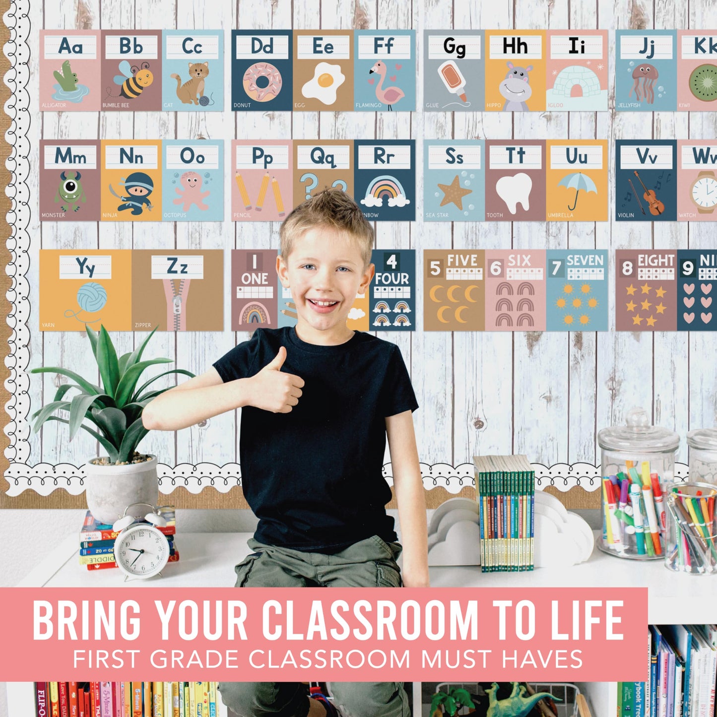 Hadley Designs Alphabet for Classroom Wall Decor - ABC Posters for Classroom Wall Chart Preschool & Kindergarten, ABC Letters & Number Line Elementary, Alphabet Cards, Boho Classroom Decor