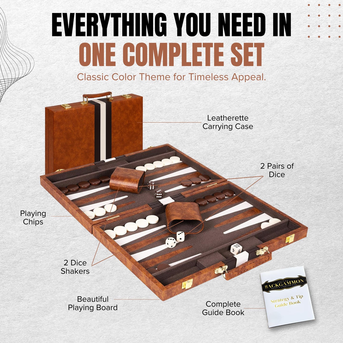Premium Backgammon 18 Inches Large Brown - Backgammon Sets for Adults and Kids - Leatherette Back Gammon Board Game Set - Travel Backgammon Set Board Encased with Accessories