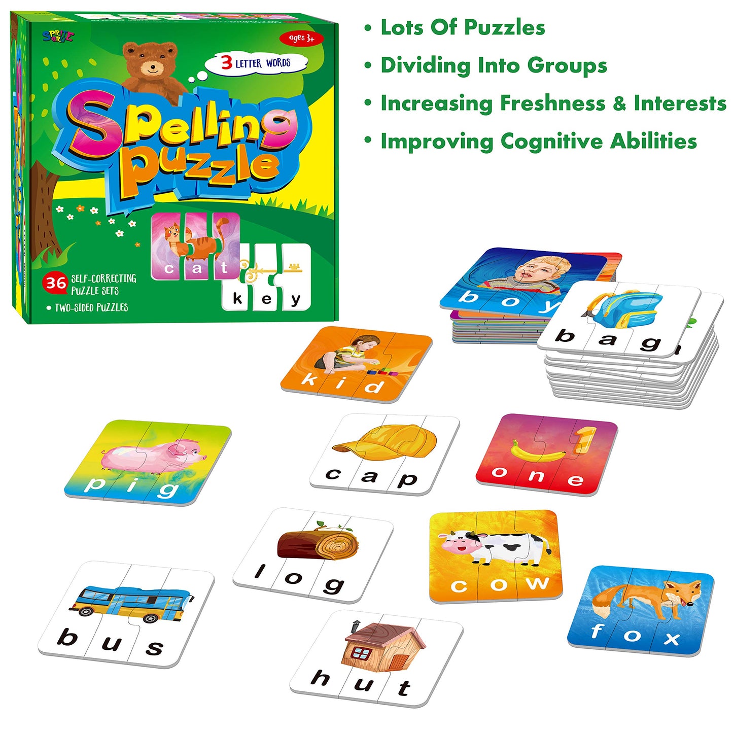 72 Word Spelling Puzzles with Error-Correction Mechanism in 3 Pieces, Perfect for Preschool Learning (36 Block Double Sided)