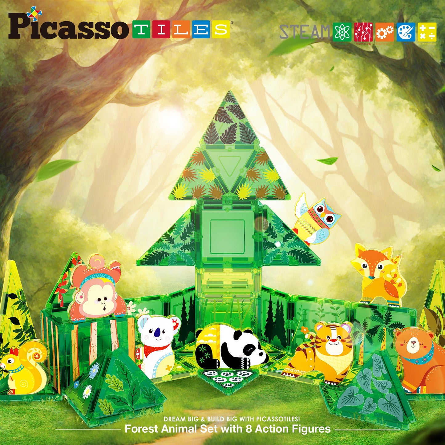 PicassoTiles Magnet Tile Building Blocks Forest Animal Theme Toy Set with 8 Character Action Figures Educational STEM Learning Construction Kit Pretend Play Magnetic Tiles Preschool Kids Ages 3+ PTQ16