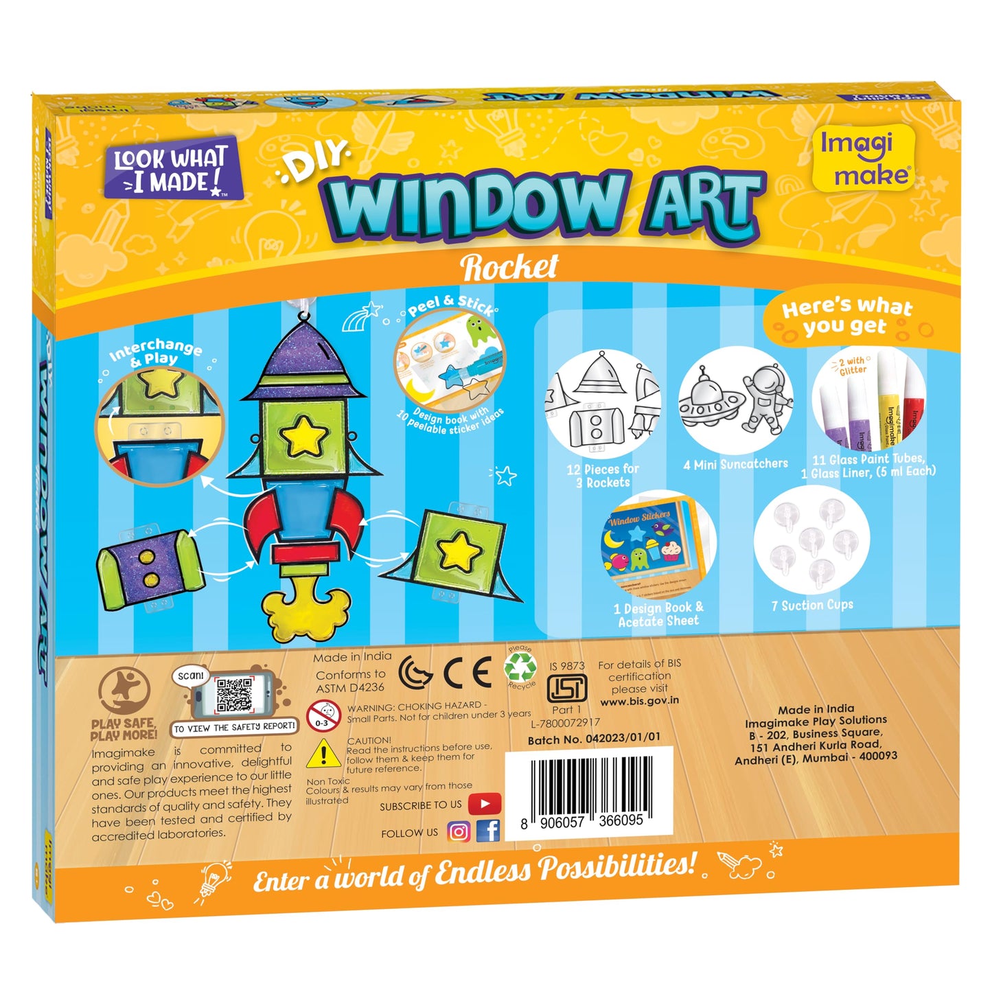Imagimake Window Art Rocket | Low Mess Suncatcher Kit | 16 Pieces Glass Painting Set | Kids Activities Ages 5-8 | DIY Craft Kit | Birthday Gift for Boys & Girls Ages 5,6,7,8,9,10,12 Years Old