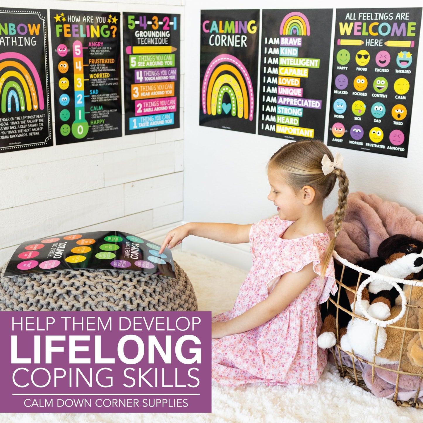 Hadley Designs 8 Calming Corner Posters for Classroom Must Haves -Calm Down Corner Supplies with Emotion Chart,School Counselor Mental Health Poster,Feelings Chart For Kids, Chalkboard Classroom Decor