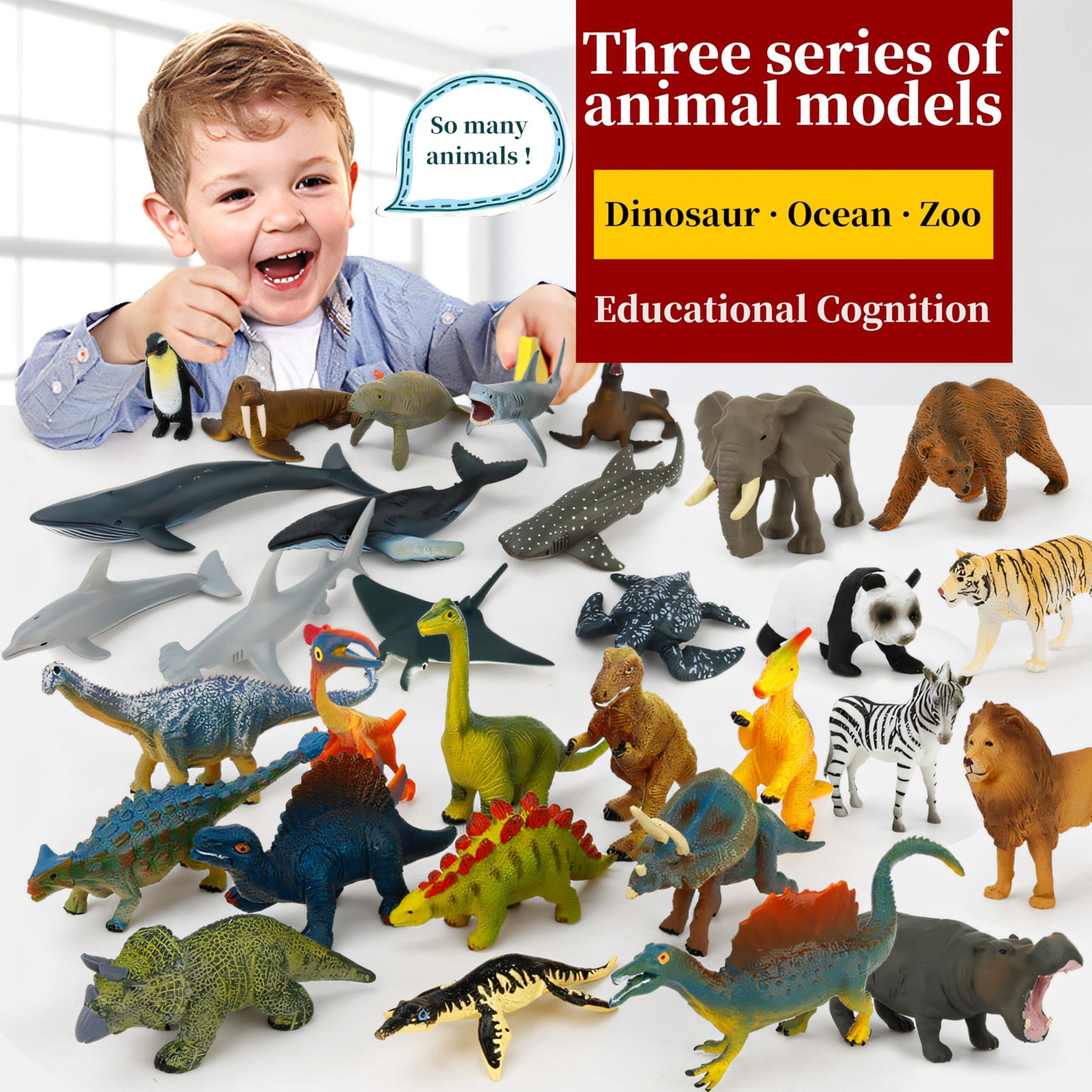 36 Animal Figurines - Educational Toys with Matching Flash Cards for Kids (Dinosaur, Zoo & Sea Animals)