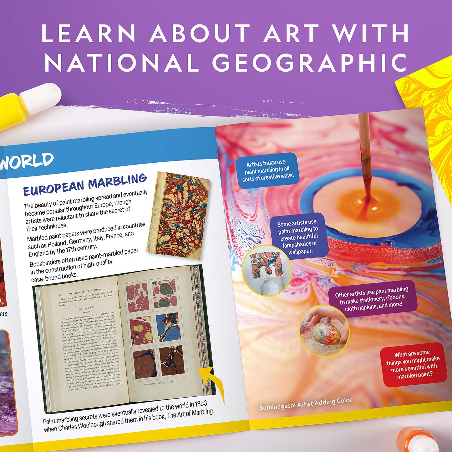 NATIONAL GEOGRAPHIC Marbling Paint Kit for Kids - Create 12 Sheets of Marble Art with Paints & Water, Painting Arts and Crafts Kit (Amazon Exclusive)