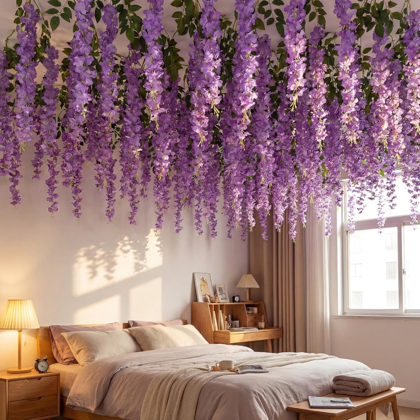 Giegxin 26 Pcs 3D Wisteria Tree for Classroom Room Ceiling Wall Decor Bulletin Board Large Wisteria Garland with 5 Metal Mesh Panel Artificial Fake Hanging Flower Wedding Backdrop(Purple)