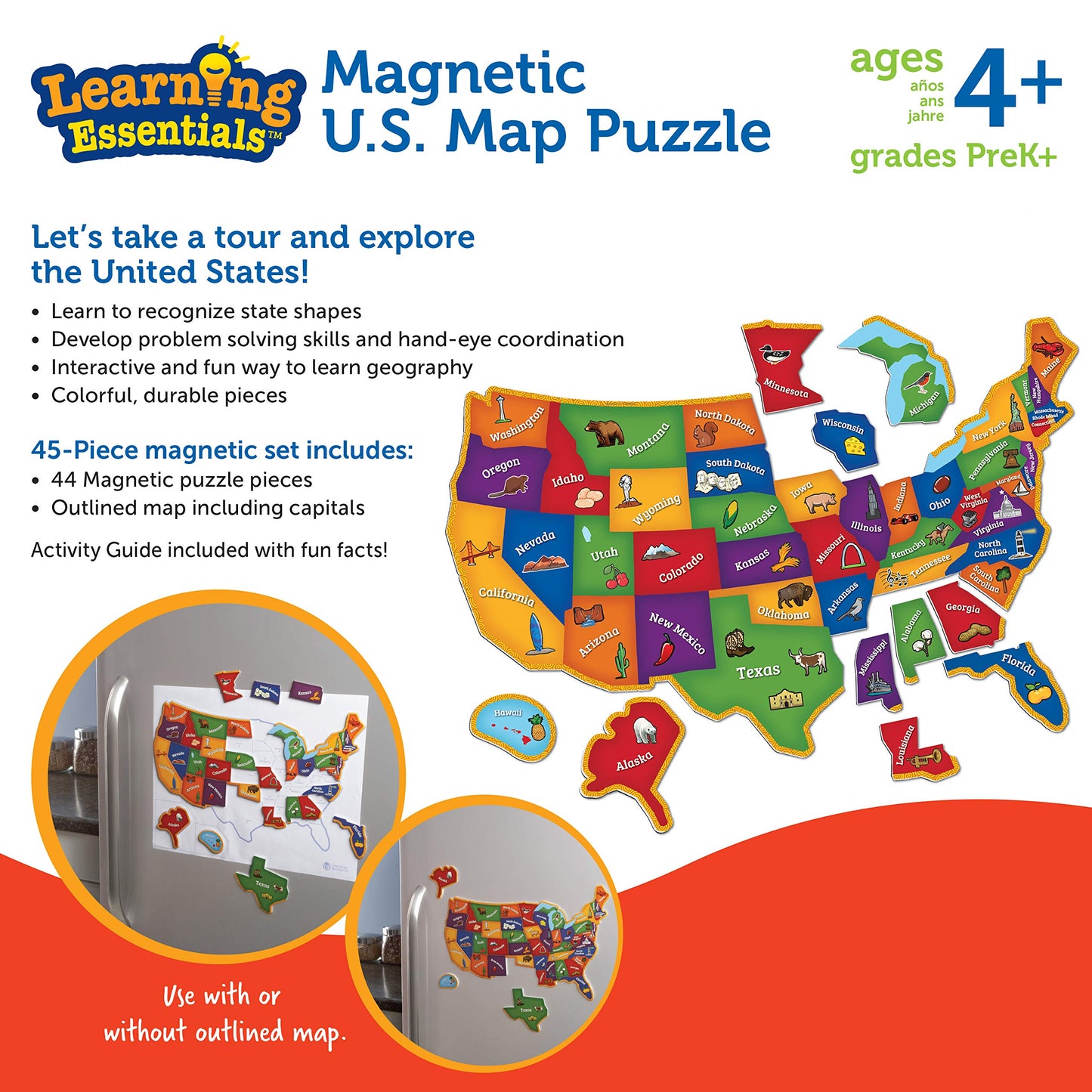 Learning Resources Magnetic U.S. Map Puzzle - Educational Map of the United States of America, Geography Matching Games, Kids Homeschool and Classroom Must Haves, Gifts for Boys and Girls