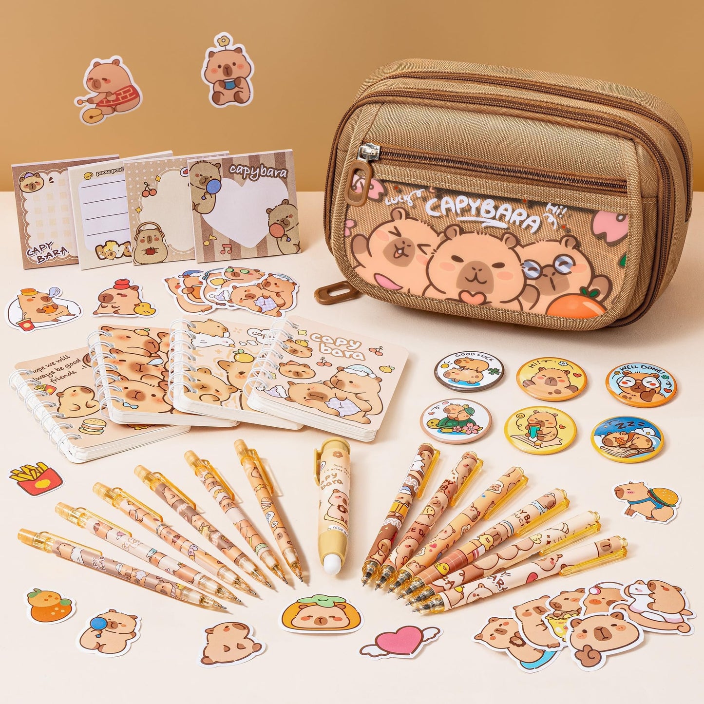 Fimibuke Capybara Backpack for School Girls, 30PCS Capybara Toddler School Supplies Stationery Set with Bookbag Pencil Case Pens Pencils Notebook for Back to School Kindergarten Elementary Student