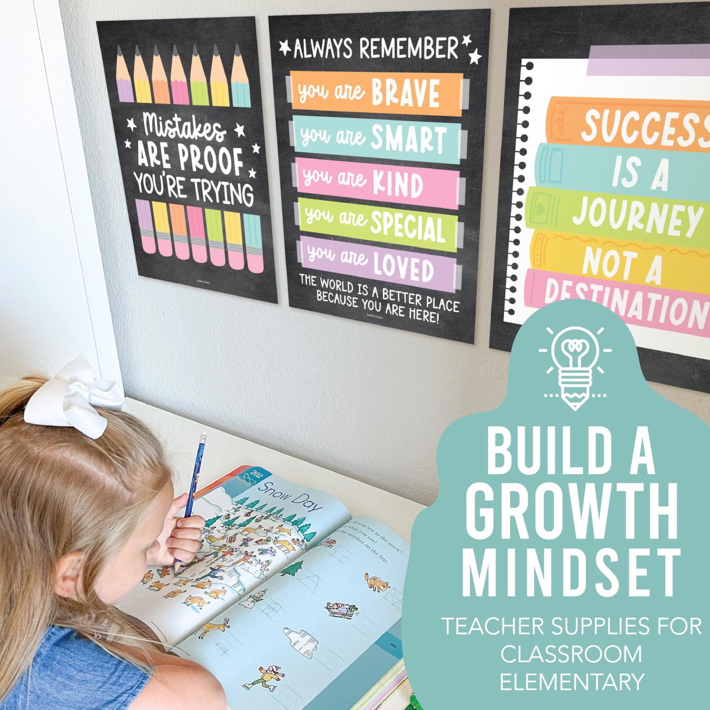 Hadley Designs Motivational Poster for Classroom Decor -9 Growth Mindset Classroom Posters Elementary, Inspirational Wall Decor Middle School, Teacher Must Haves, Chalkboard Bulletin Board Decorations