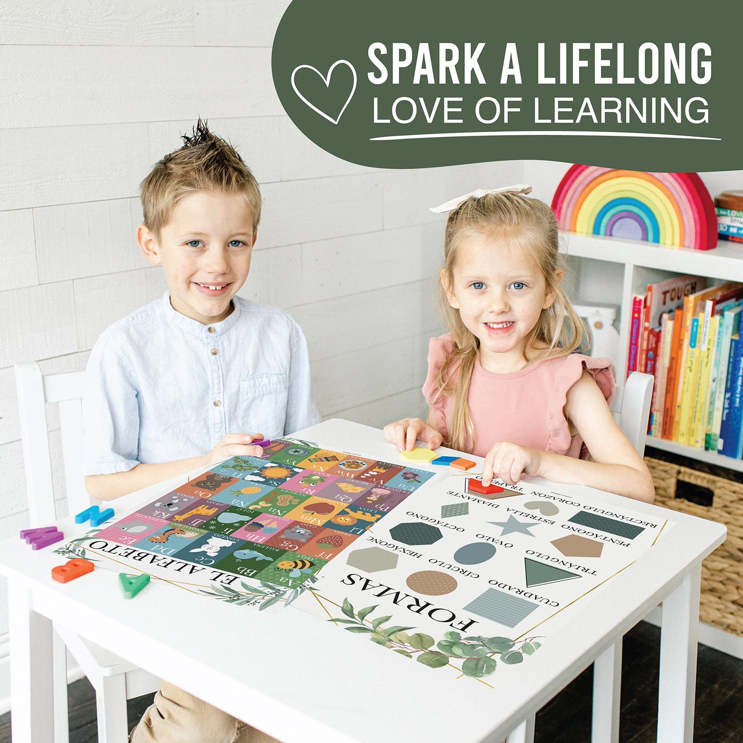Hadley Designs Spanish Posters for Classroom - 12 Bilingual Educational Posters for Spanish Classroom Decorations Must Haves, Calendario y Alfabeto en Español Para la Pared, Greenery Teacher Supplies