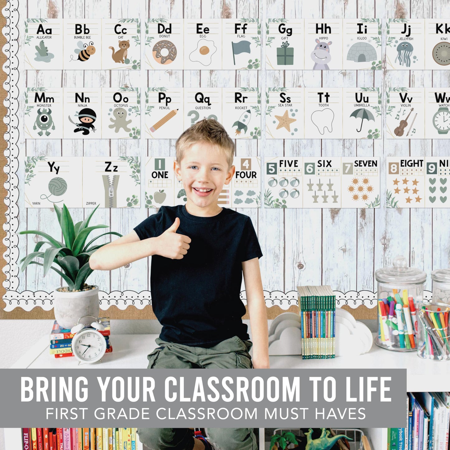 Hadley Designs Alphabet for Classroom Wall Decor - ABC Posters for Classroom Wall Chart Preschool & Kindergarten, ABC Letters & Number Line Elementary, Alphabet Cards, Greenery Classroom Decor