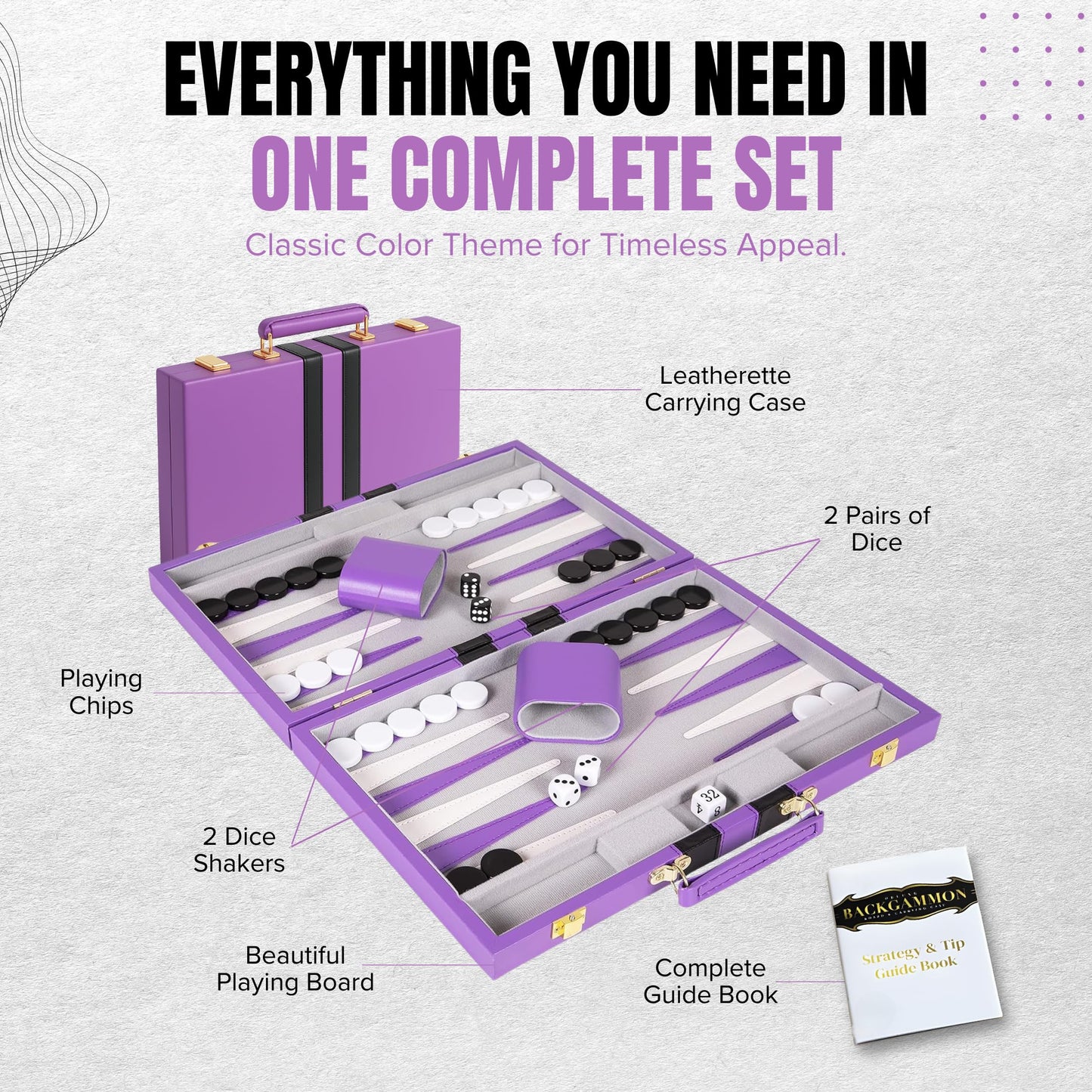 Premium Backgammon 18 Inches Large Purple - Backgammon Sets for Adults and Kids - Leatherette Back Gammon Board Game Set - Travel Backgammon Set Board Encased with Accessories
