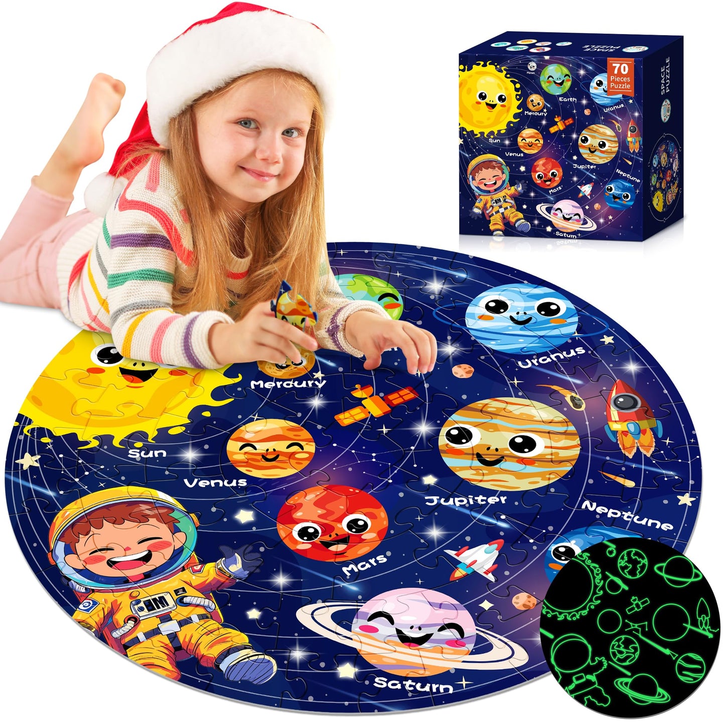 ZIZZ Puzzle for Kids Ages 4-6: Glow in The Dark Solar System Jigsaw Puzzles 70 Piece Space Planets Large Floor Puzzle for Kids 3-10 Years Old Educational Toy Gift for Boys Girls Birthday Christmas
