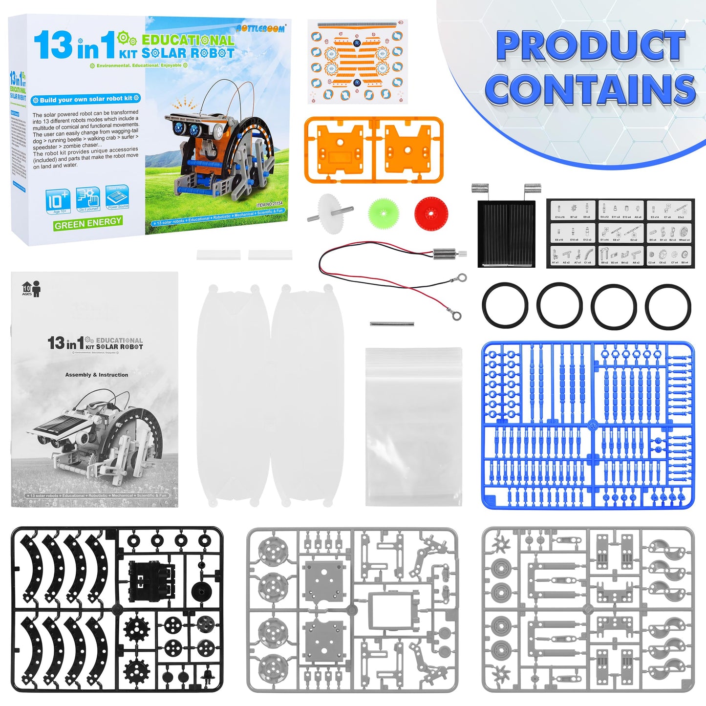 Bottleboom STEM 13-in-1 Education Solar Power Robots Toys for Boys Age 8-12, Educational Toy Science Kits for Kids Experiment Robotics Set Birthday Gifts for 8 9 10 11 12 Years Old