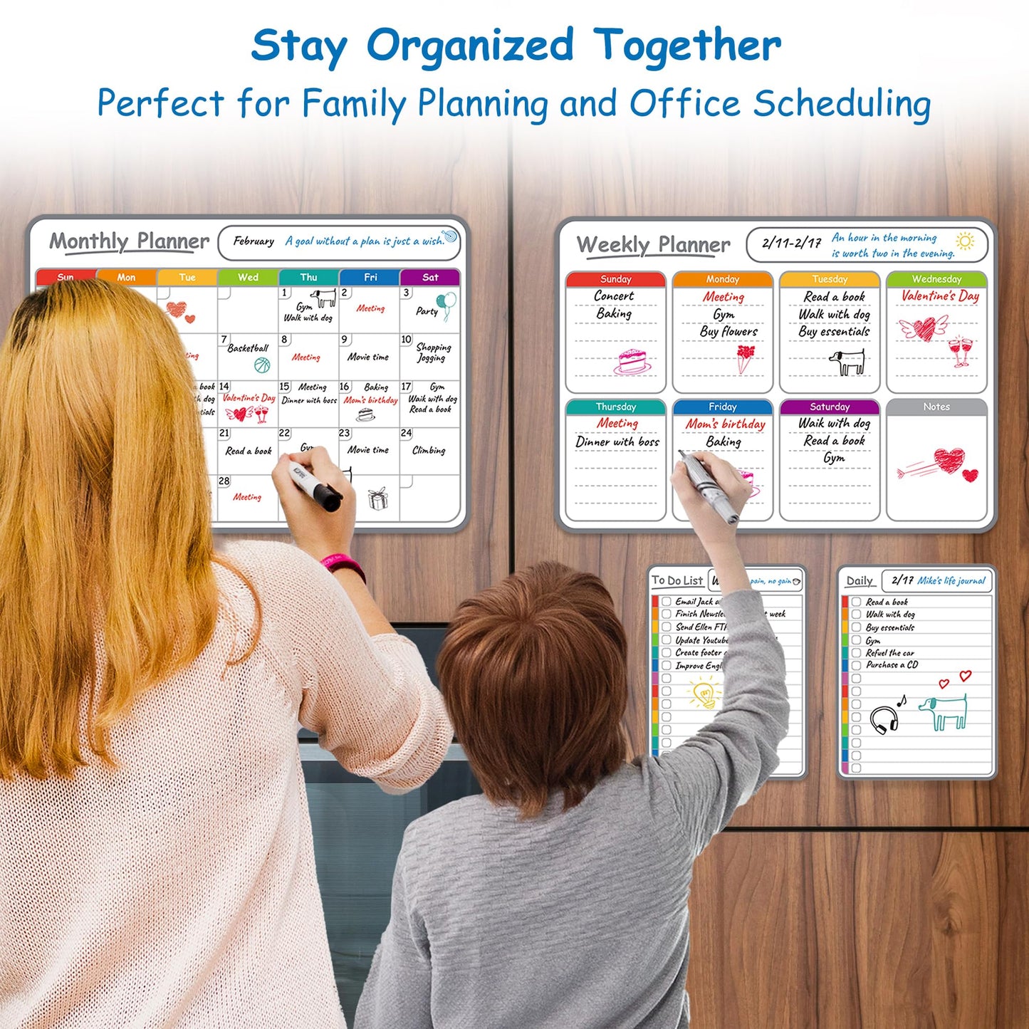 4-Pack Non-Magnetic Dry Erase Calendar Board Set – Monthly, Weekly, Daily, to-Do List Planner – Whiteboard for Stainless Steel Fridge, Wall, Glass, Door – Family, Office, Classroom Organizer