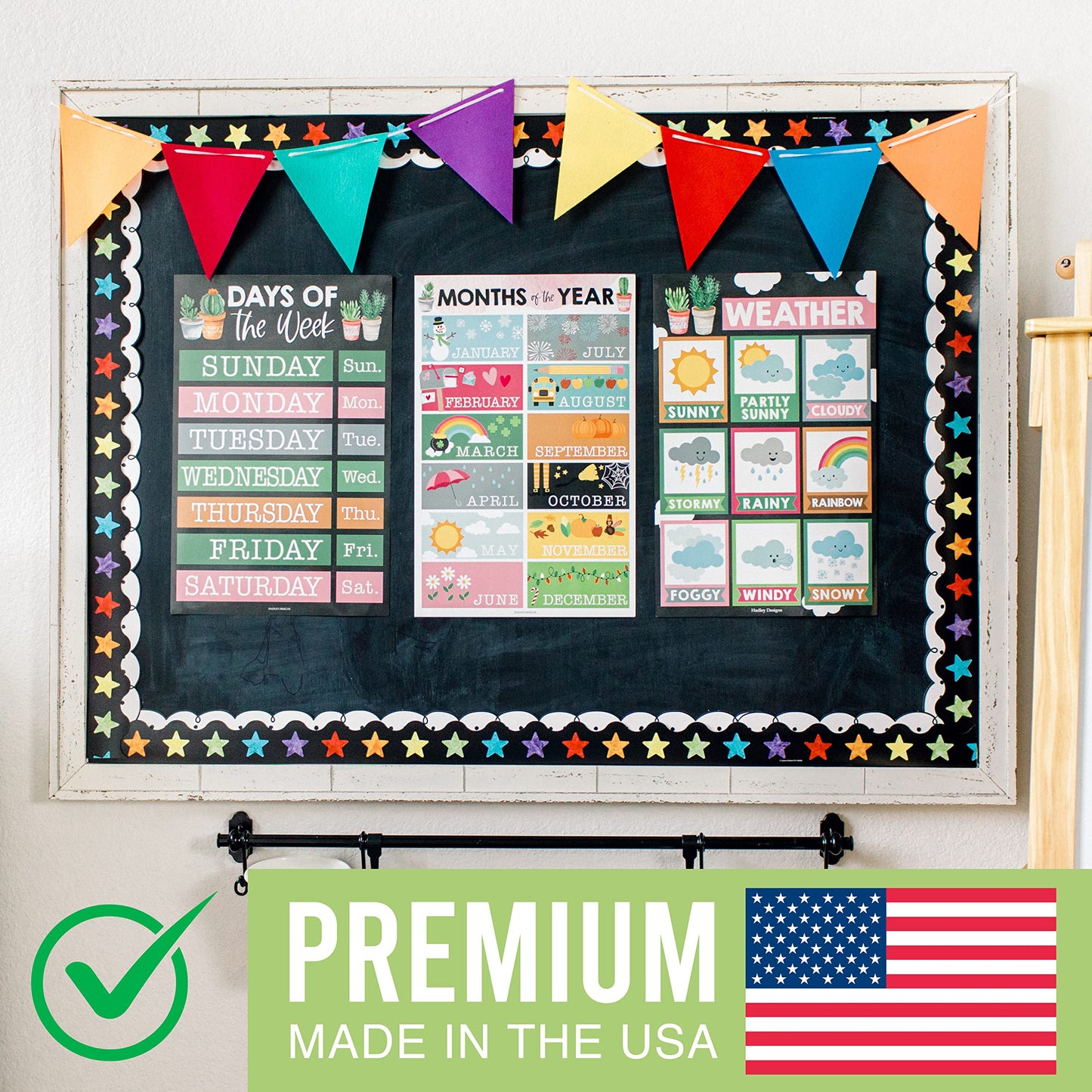 Hadley Designs 4 Alphabet, Months of the Year, Weather, Days of The Week Calendar For Kids, ABC Chart for Wall for Toddlers, Laminated Charts for PreK Classroom or Homeschool, Cactus Posters 11x17