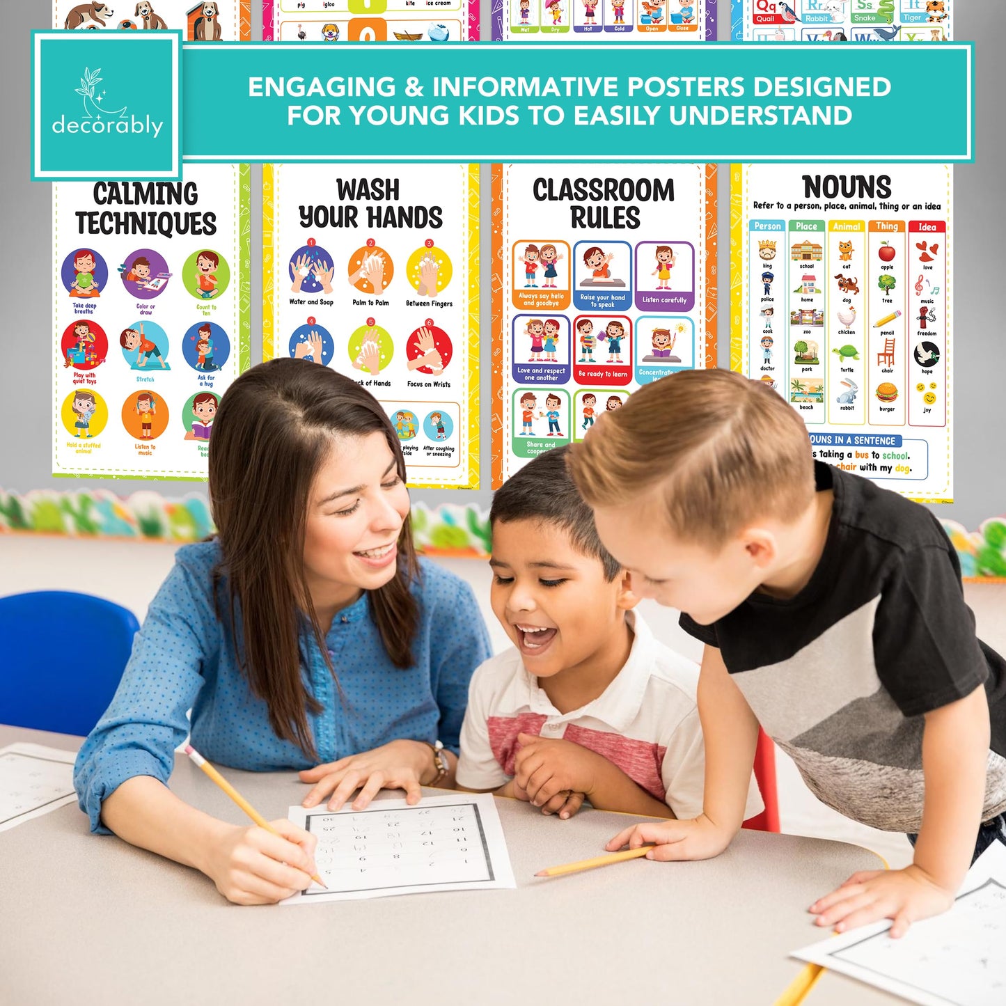 Decorably 50 Vibrant Educational Posters for Toddlers 1-3, 11x17in Matte-Laminated Classroom Decor - for School Hallways, Bulletin Boards, Home Study Room - Kindergarten, Preschool