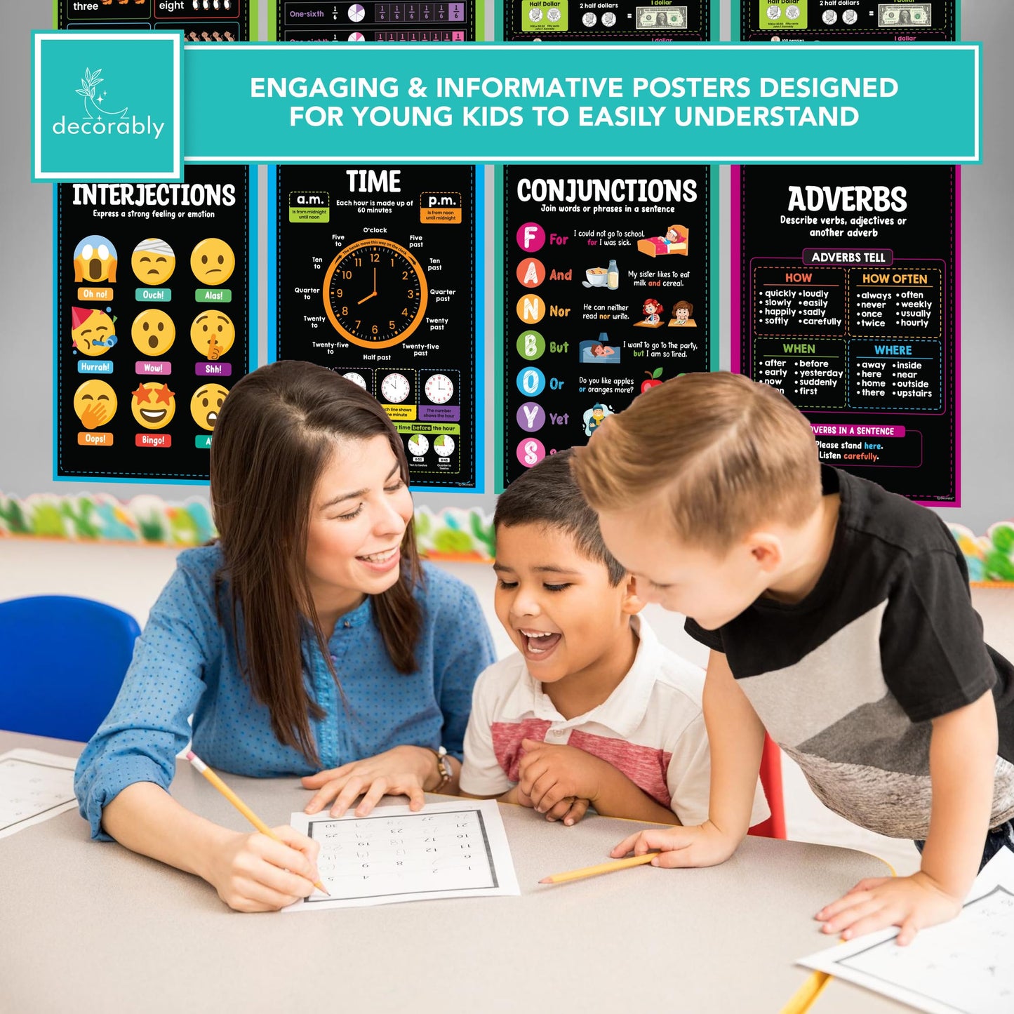 Decorably 50 Chalkboard Learning Posters for Kids Ages 5-7, Toddlers, Kindergarten, 11x17in Educational, Matte-Laminated Classroom Decor for School Hallways, Bulletin Boards, Home Study Room