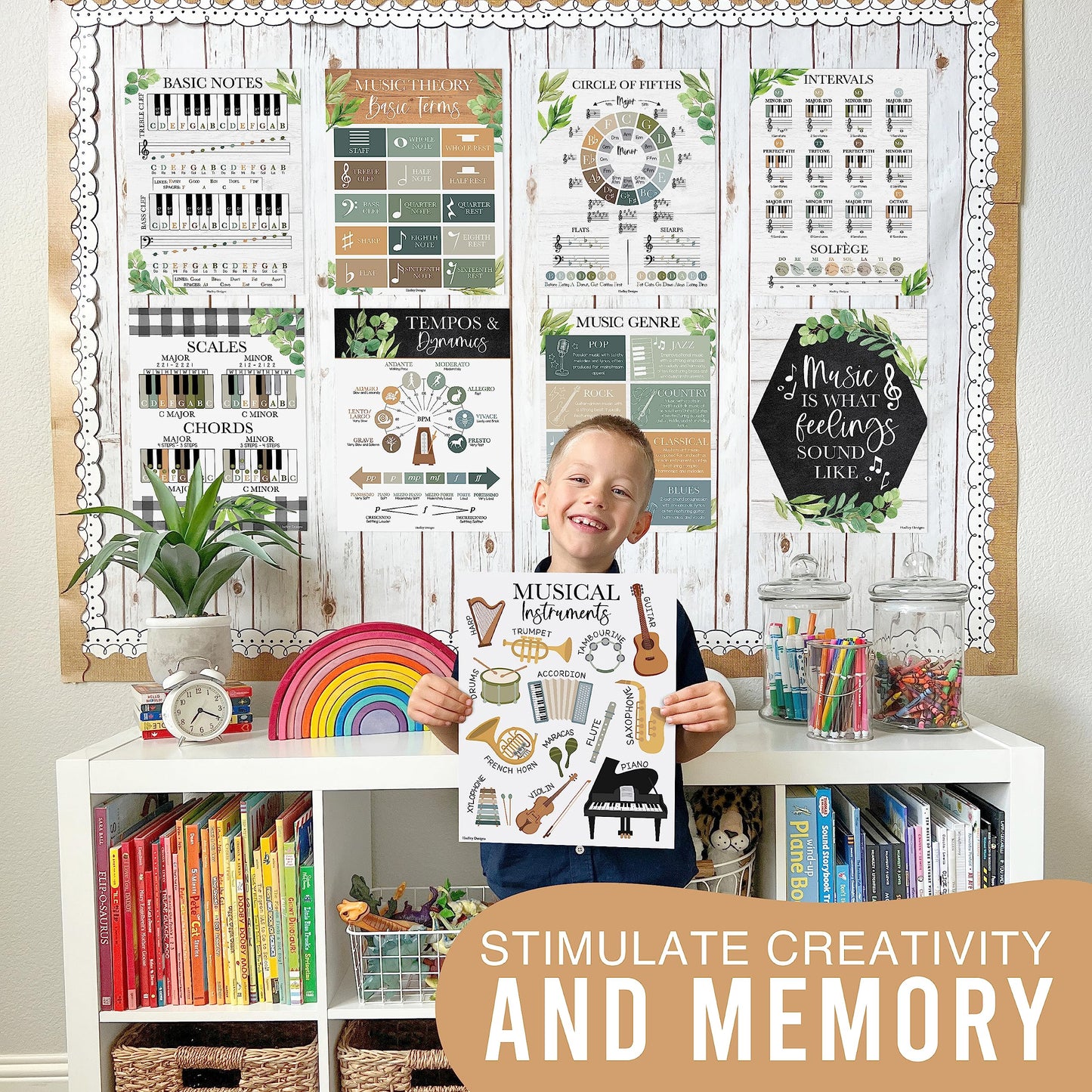 Hadley Designs Music Classroom Decor –9 Music Classroom Posters Elementary, Choir & Solfege Posters, Solfege Hand Signs & Musical Instruments Bulletin Board Decorations, Farmhouse Teacher Must Haves