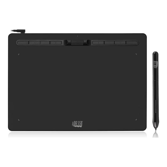 Adesso Large Graphics Drawing Tablet Pad 12 x 7 Inch 8192 Levels Battery-Free Pen, 8 Customizable Keys with Scroll Wheels, Black, Compatible with PC/Mac/Android OS for Painting, Designing, Black