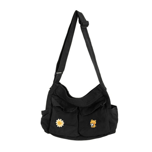 Canvas Messenger Bag Large Hobo Crossbody Bags with Multiple Pockets,School Vintage Shoulder Laptop Bag for Women and Men-Black