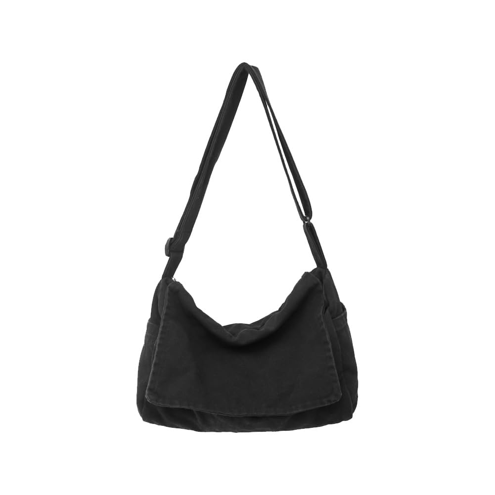 Huwzder Canvas Messenger Bag Large Satchel Bag Travel Hobo Bag Casual Tote Shoulder Bag for Women and Men (Black)