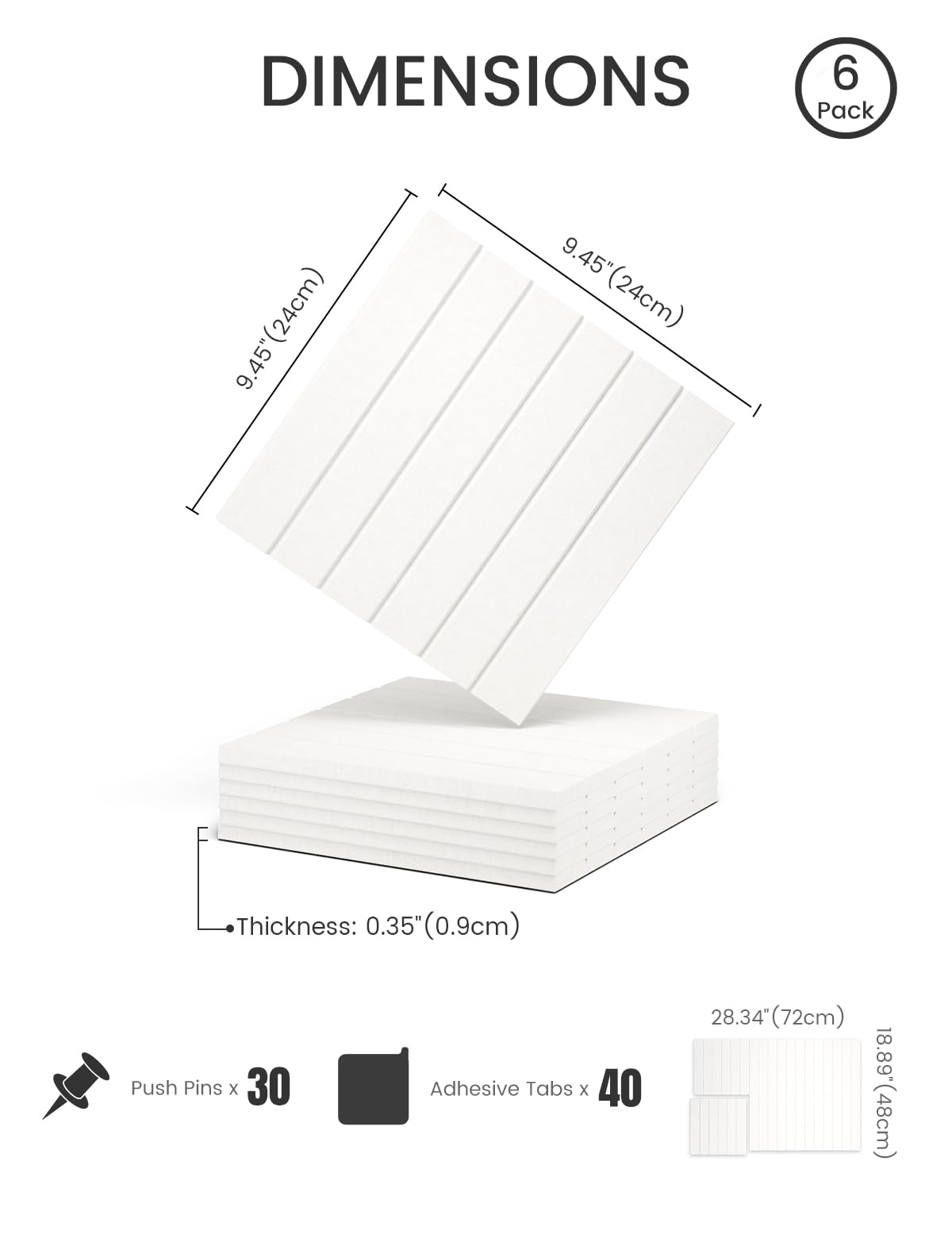 Felt Bulletin Board Tiles -28"x18" with 40 Adhesive Tabs, Cork Board Alternative for Office Decor, Push Pin Board Wall Organizer 6-Pack (Milky White)