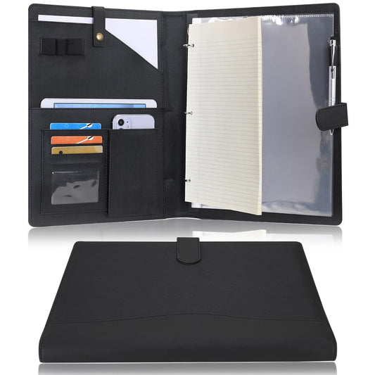 Wonderpool A4 PU Leather Portfolio Holder Ring File Document Case with Removable Binder Clipboard, Multi Pocket and Legal Pad for Business Organizer Interview and Meeting (Black)