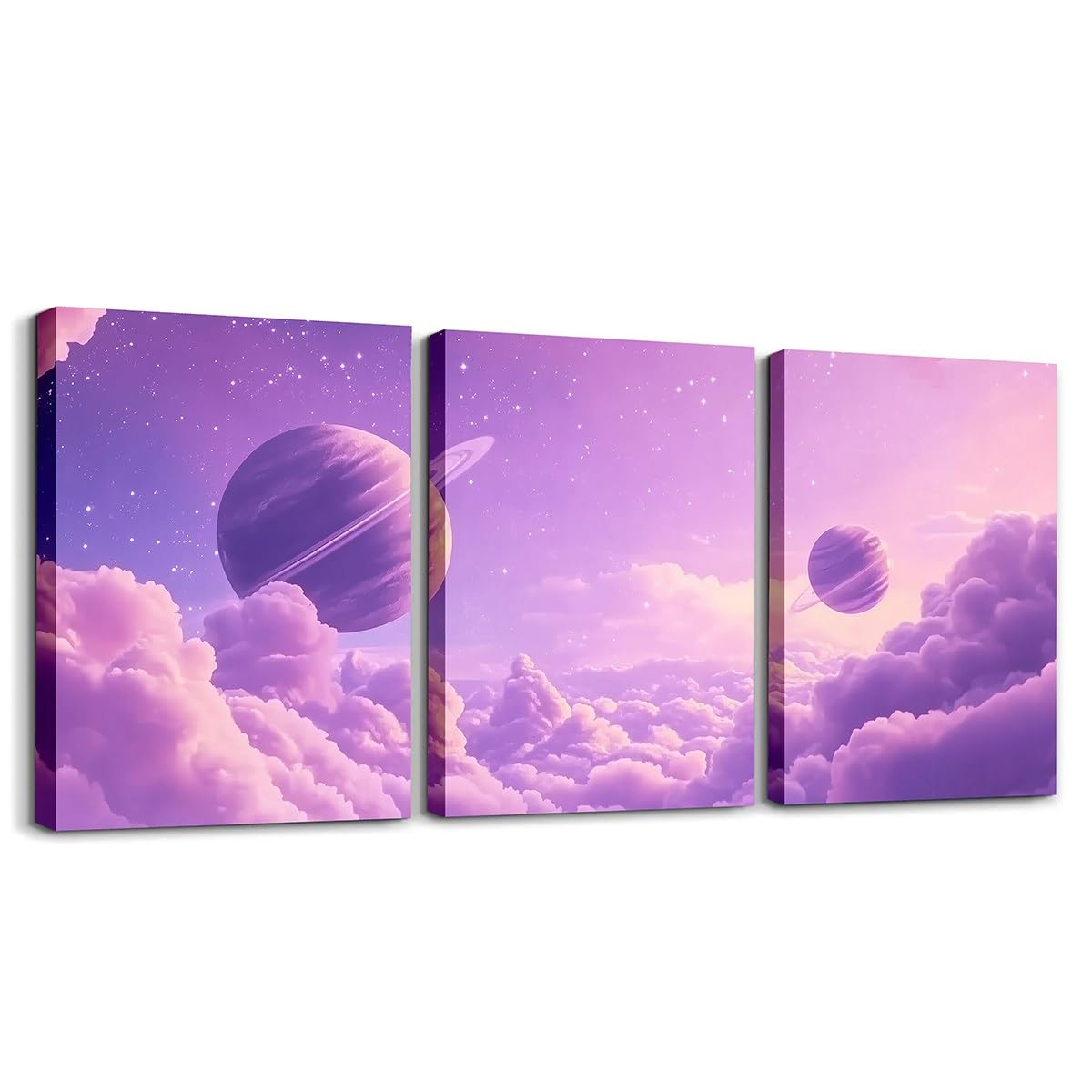 Feelyou Purple Galaxy 3 Piece Canvas Wall Art for Living Room Bedroom Starry Solar System Wall Art for Home Decor 3D Printed Space Office Decor Artwork Dreamy Nebula Picture Painting Posters