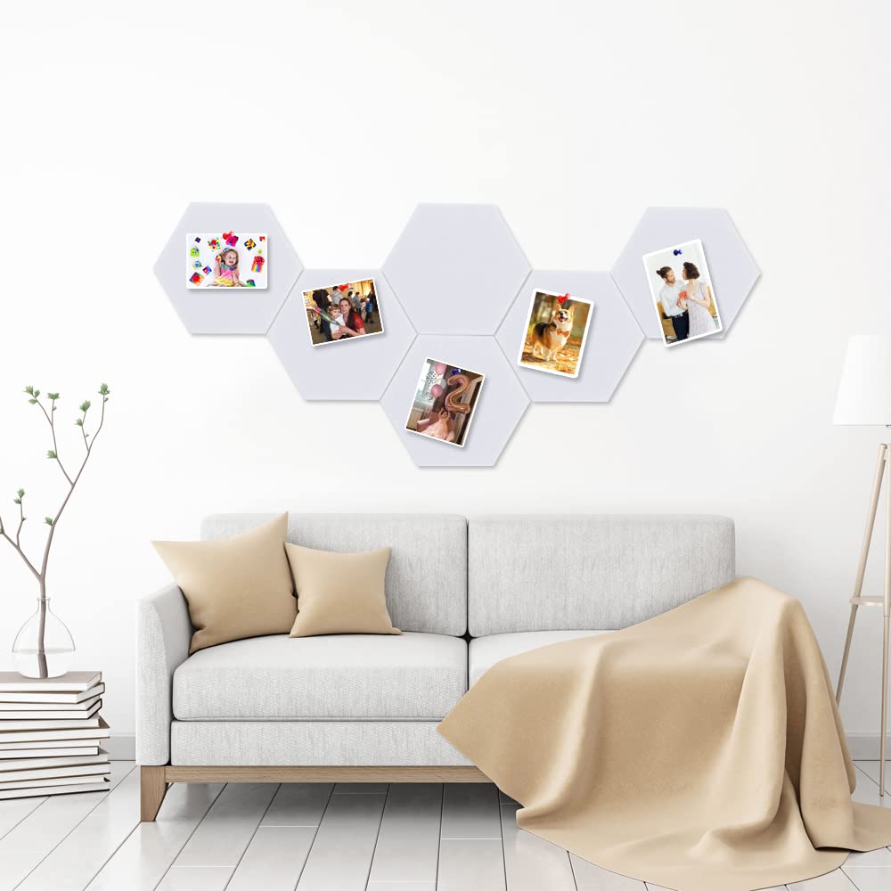 Vuzvuv 6 Pcs Hexagon Bulletin Board with 50 Pushpins & Sticky Note Adhesive Cork Board for Wall，Felt Pin Board for School，Office Decor（White）