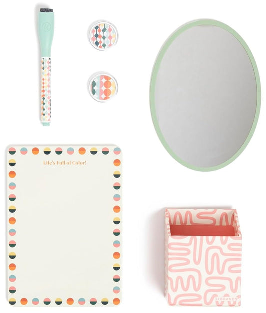 U Brands Magnetic Locker Accessories and Decorating Kit, 6 Piece Set, Colorful Cubist, Back to School Essentials, Whiteboard, Mirror, and More