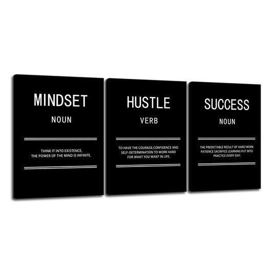 Mindset Hustle Success Inspirational Canvas Wall Art Office 3 Panel Print Motivational Poster Painting Modern Inspiring Artwork for Home Living Room BedRoom Gym Decor Ready to Hang [36''Wx 16''H]