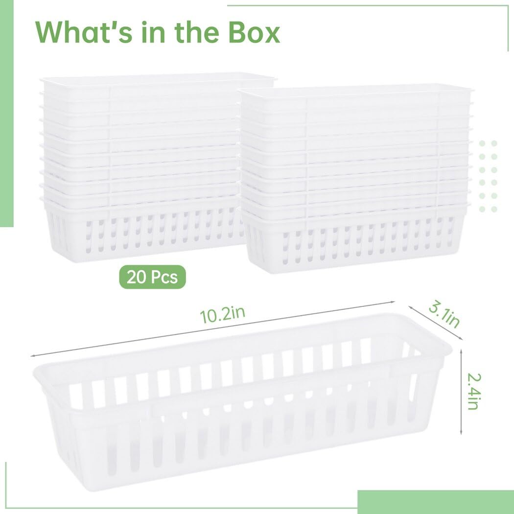 Lnrueg 20 PCS Classroom Storage Baskets, 10.2 x 3.1 x 2.4 inches,Plastic Classroom Pencil Organizers, Pencil and Pen Organizer Baskets, Durable PP Storage Trays for Home School Office Supplies