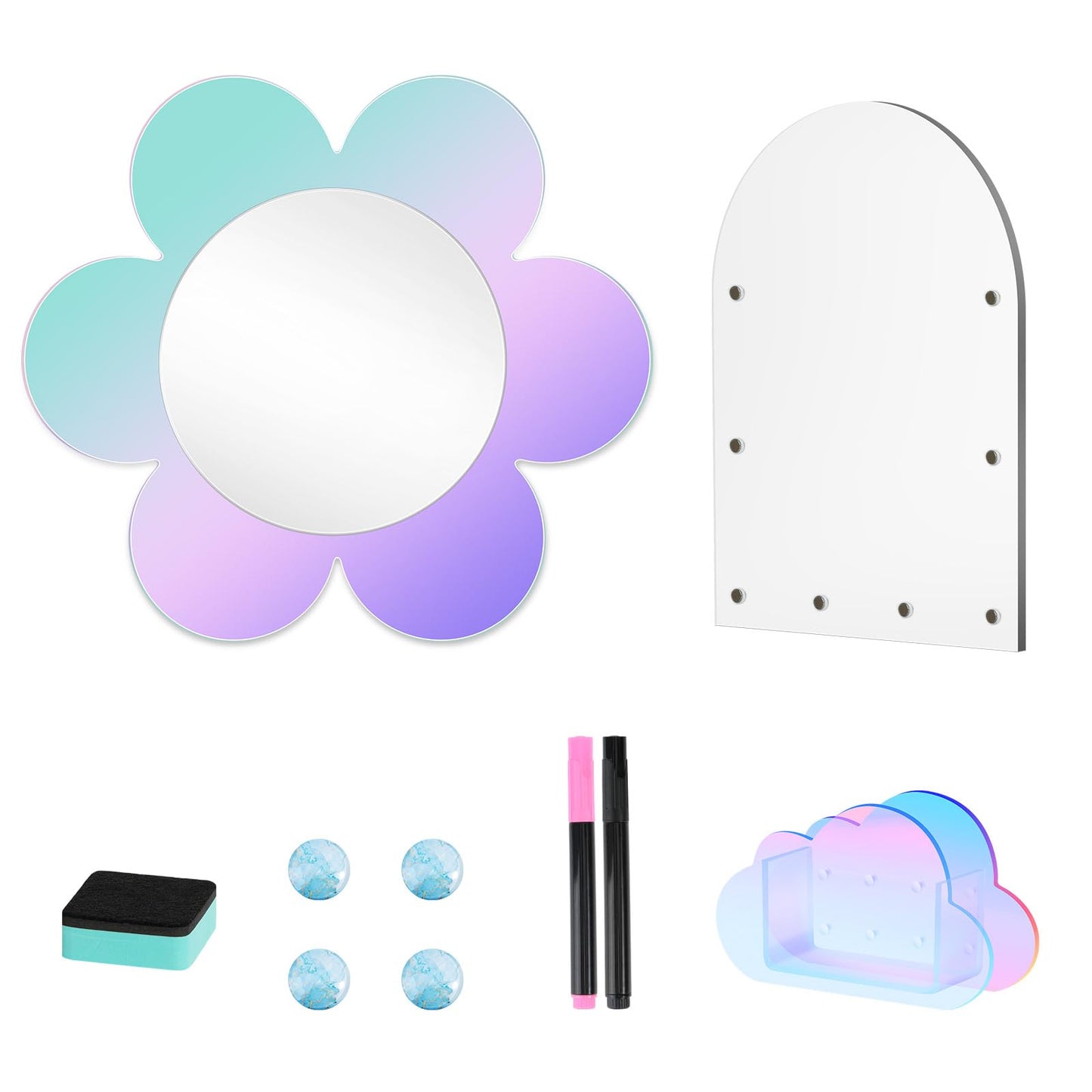 MoKo Locker Accessories Set, 5 in 1 Back to School Supplies College Essentials Includes Magnetic Acrylic Board, Locker Mirror, Markers Holder, Marker Pens and Locker Magnets, Flower