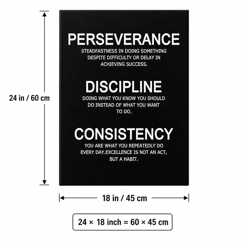 PJQART Inspirational Posters for Office Canvas Wall Art, Perseverance Discipline Consistency Definition Print for Home Office Dorm Classroom, Framed Black White, 24x18inch