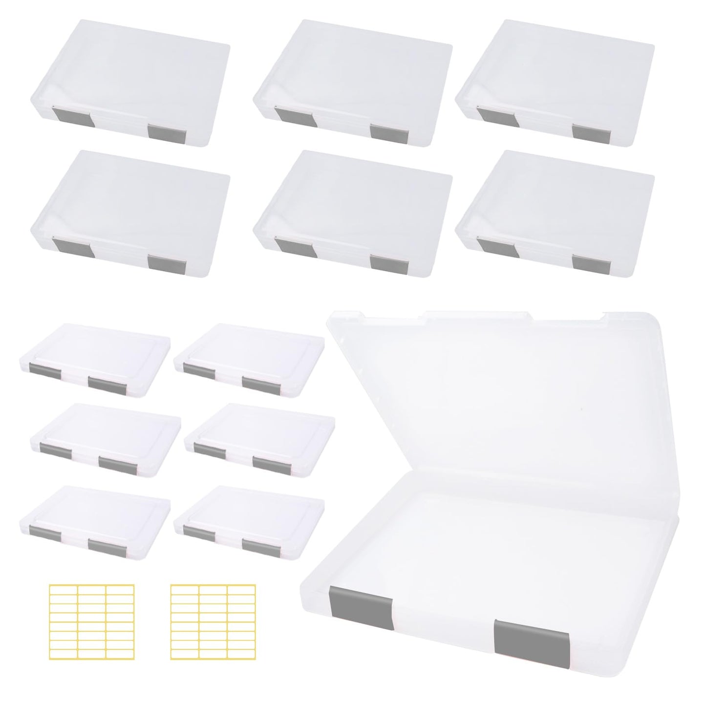 Olutacot 12 Pcs Clear A4 A5 File Box Document Plastic Storage Box with 48 Labels File Holder Organizer Paper Plastic Case Magazine Protector with Buckle Office School Supplies(Grey)