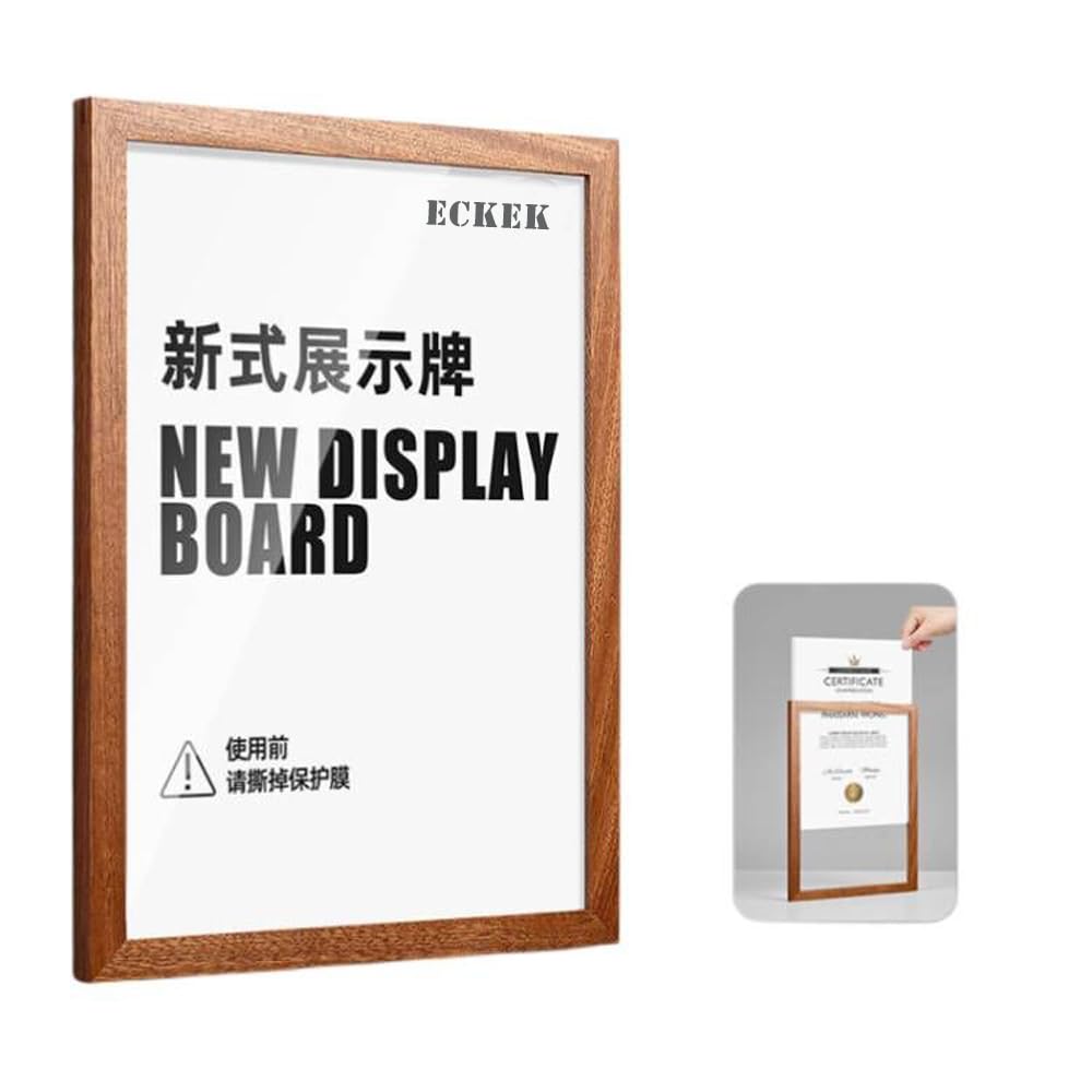 ECKEK Wall Mount Acrylic Sign Holder Self Adhesive Magnetic Display Frame Clear Document Frame for Office, Store, School, Home, Wall Picture Frame (Sapele Wood A5 148×210mm/5.83×8.27inches)