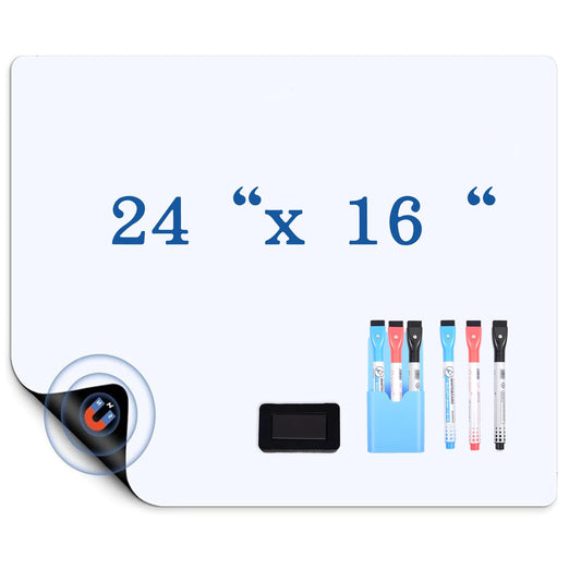24x16 Inch Magnetic Refrigerator Whiteboard - Single Pack Flexible Dry Erase Memo Board with 6 Markers, Eraser & 1 Pen Holder, for Kitchen Office Home Notes Reminders Planning