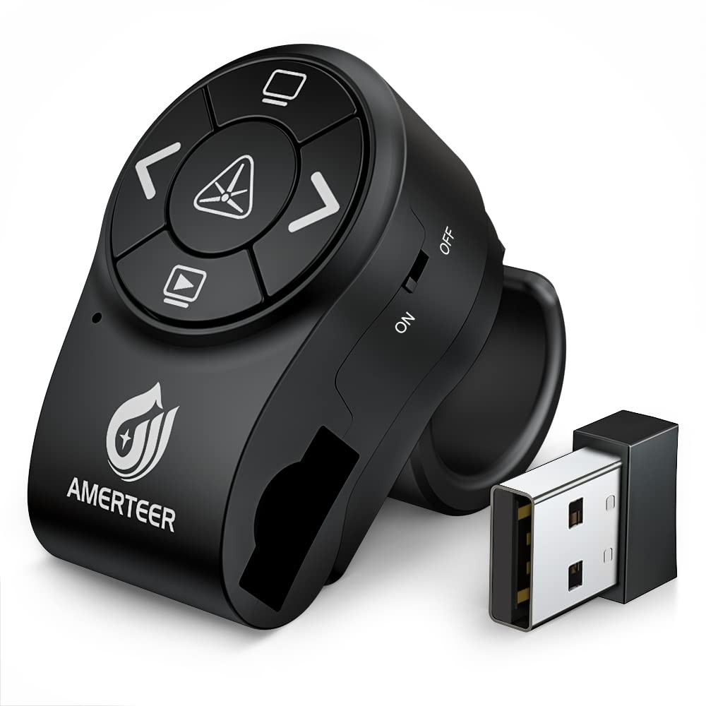 AMERTEER Wireless Presentation clicker for PowerPoint Presentations, RF 2.4GHz Finger Ring Remote, PPT Slides Clicker Pen Rechargeable