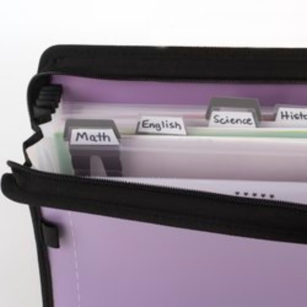 Five Star 7 Pocket Expanding File Organizer + Study App, Plastic Expandable File Folders with Customizable Tabs & Clear Cover, Holds 8-1/2" x 11", Zipper Closure, Amethyst Purple (351700G)