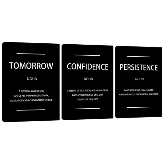 Motivational Black Wall Art Persistence Confidence Tomorrow Noun Inspirational Painting Wall Art 3 Pieces Canvas Print Office Decor Poster Framed Quotes Wall Art Office Decoration - 36" W x 16" H