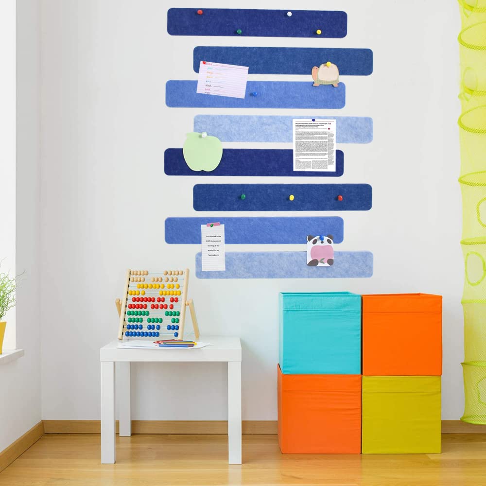 Vuzvuv 8 pcs Bulletin Board Bar Strips with 50 Pushpins & 10 Wooden Clip pins，Self Adhesive Cork Board for Wall，Felt Pin Board for School，Office Decor(Blue)