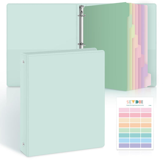 SKYDUE 1 Inch 3 Ring Binder with 8 Tab Dividers & 24 Labels, Pastel Binder Organizer for Letter Size Paper, Aesthetic School Binder for Notes, Documents, Office & Home Organization, Green