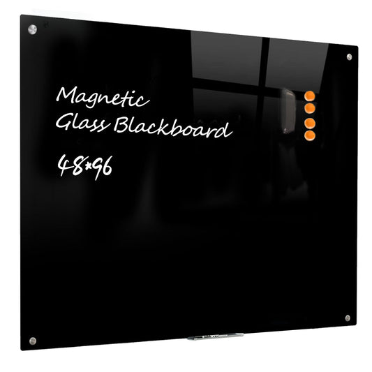 Magnetic Glass Dry Erase Board - Black Board 48 x 96 Inch Wall Mounted Glass Whiteboard, Large Frameless White Board for Wall Office, Home & School, Black
