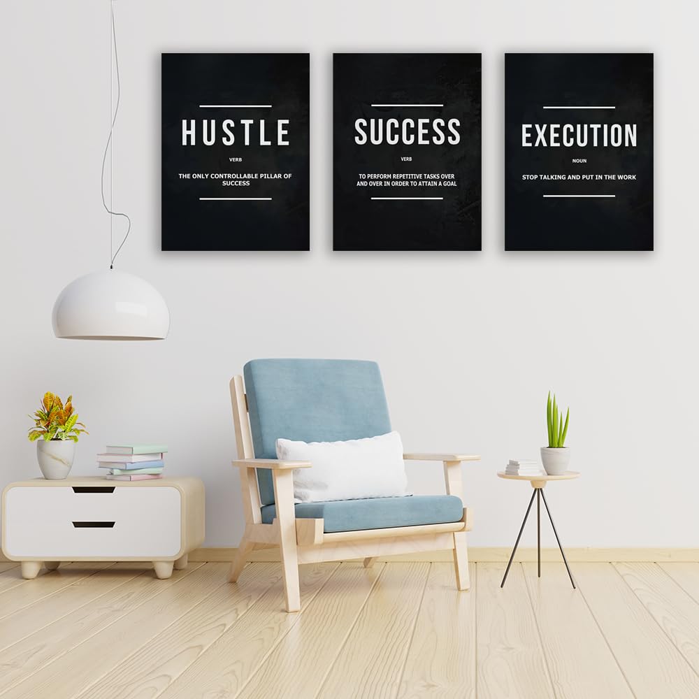 Halioyo Motivational Wall Art, 3 Pane Inspirational Canvas Prints with Positive Saying, Hustle Success Office Wall Decor for Living Room, Bedroom, Workspace, Ready to Hang(12x16 inch)