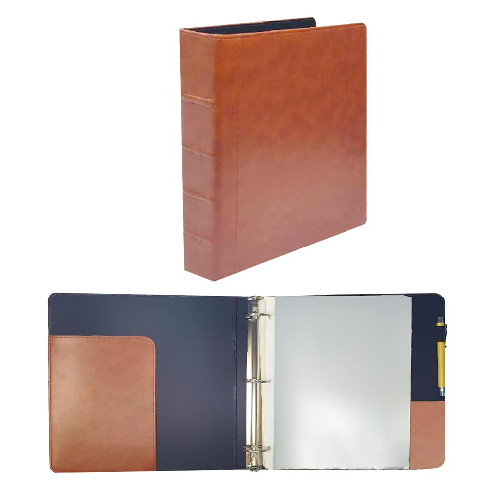wionsnowy Vintage Hardback 3 Ring Binder Professional Leather Binder Organizer Round Rings Holds 200 Sheets with 2 Inner Pockets(1.5 Inch,Brown, Black) (Brown)