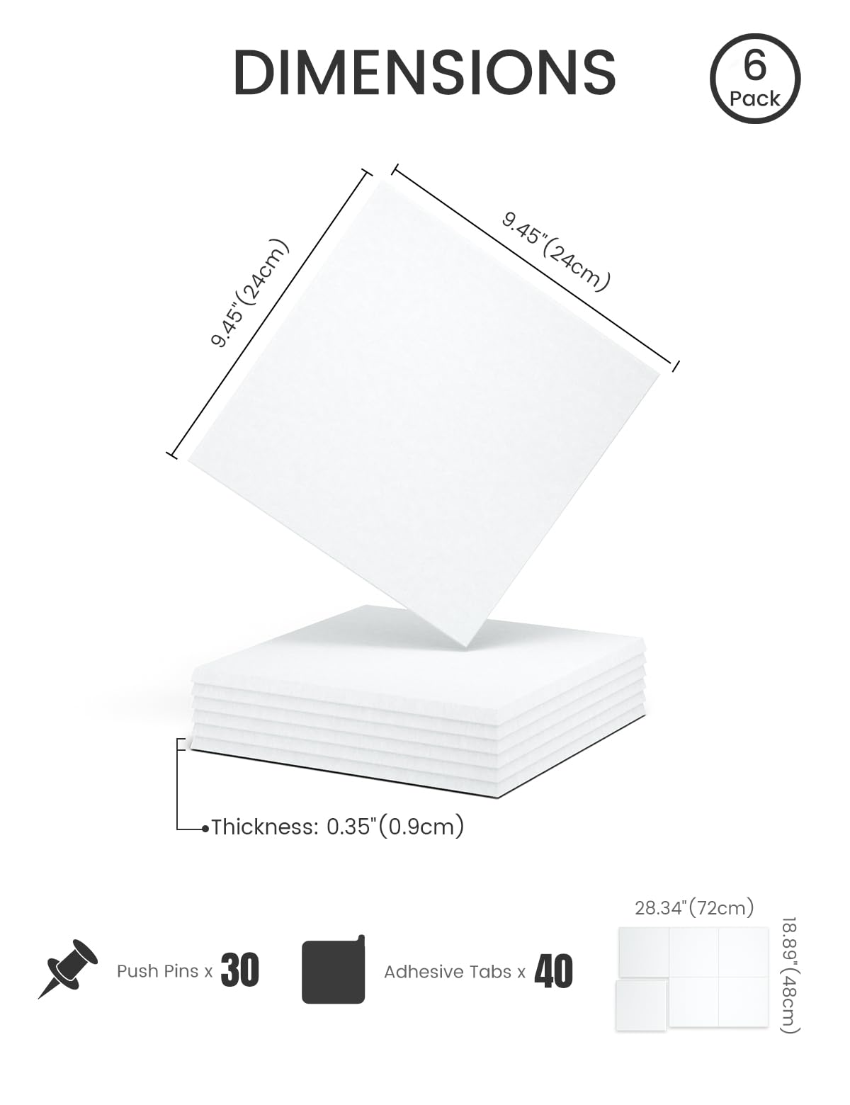 Felt Bulletin Board Tiles -28"x18" Cork Board Alternative for Office Decor, Push Pin Board Wall Organizer 6-Pack - Cold White