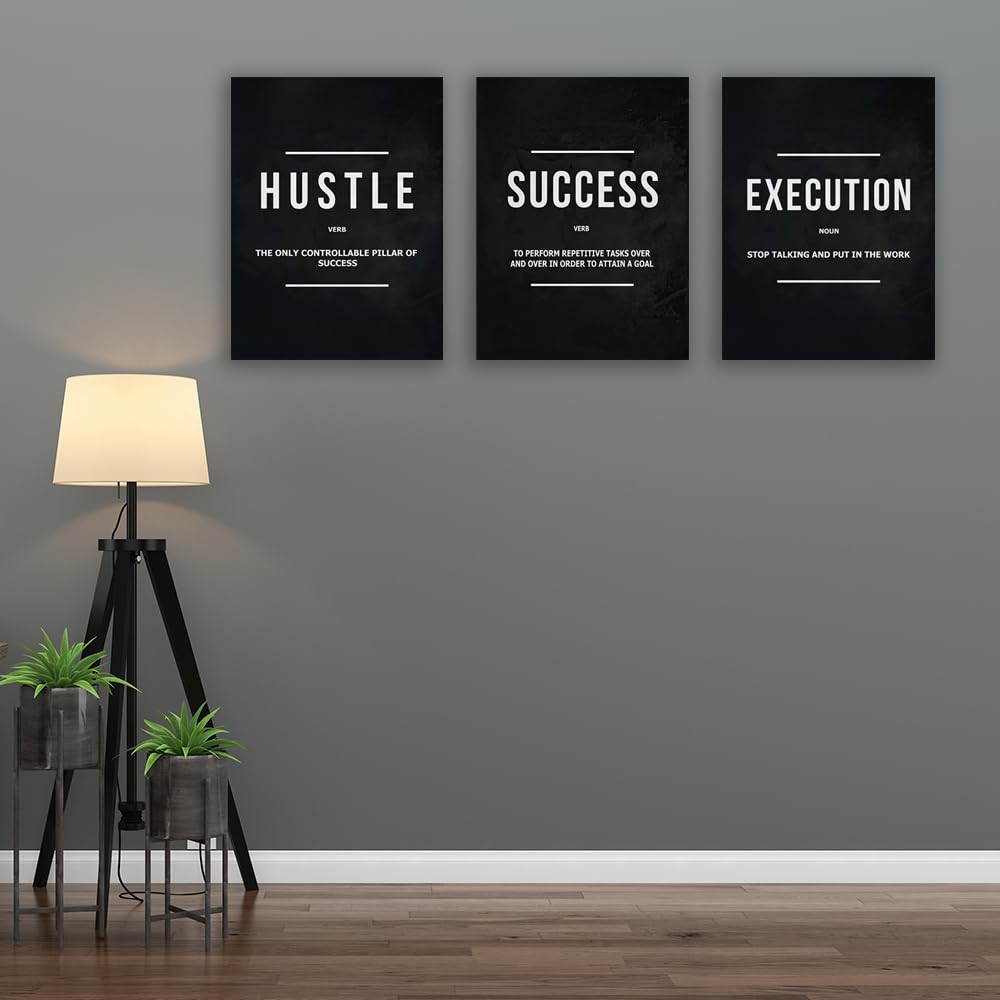 Halioyo Motivational Wall Art, 3 Pane Inspirational Canvas Prints with Positive Saying, Hustle Success Office Wall Decor for Living Room, Bedroom, Workspace, Ready to Hang(12x16 inch)